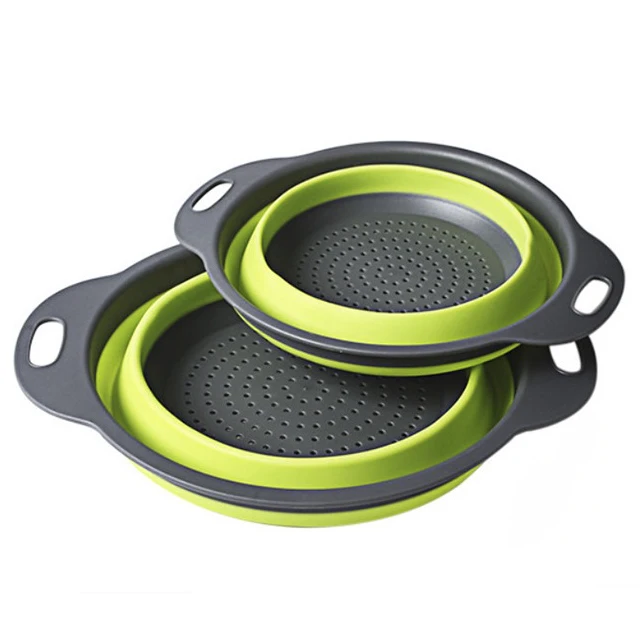 2-Pack Food Grade Round Foldable Silicone Kitchen Strainer Basket Collapsible Colander Set With Handle