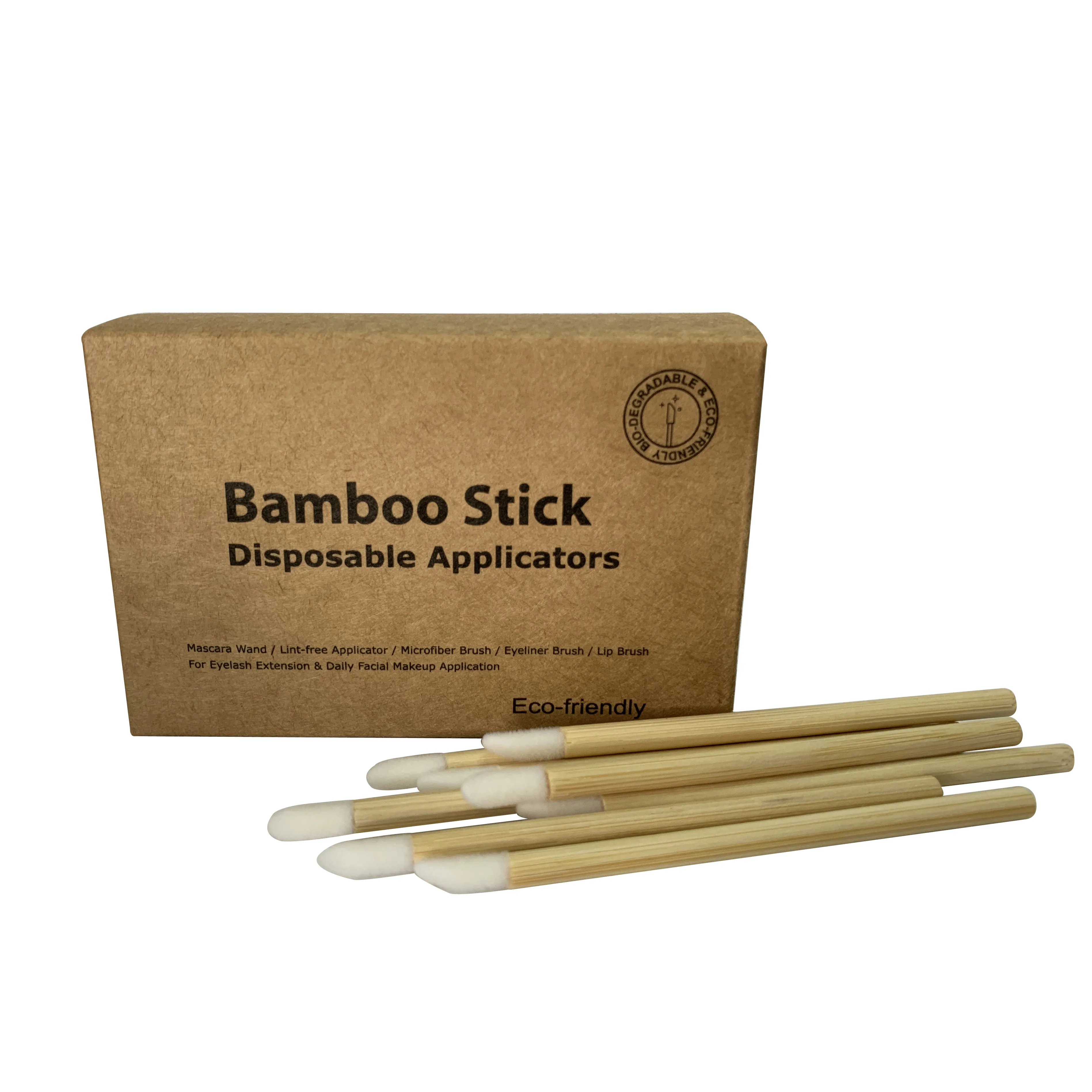 100 Counts Eco-friendly Bamboo Stick Handle Lip Gloss Brush with Flocked Doe Foot Lint-free Applicator in Kraft Box