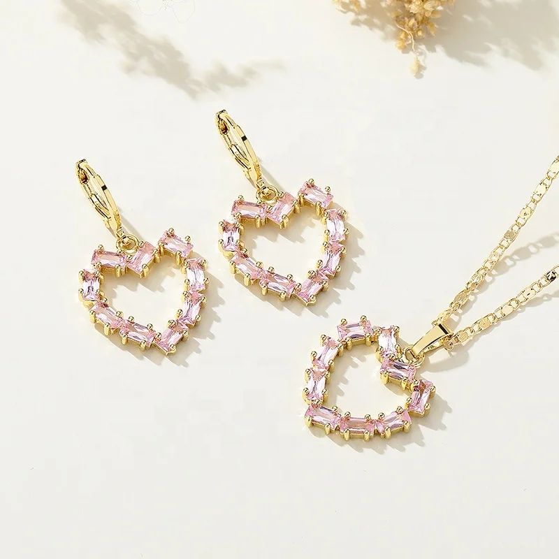 Beautiful Brass Jewelry 18K Gold Plated Zircon Earrings Heart Shaped Necklace Set Fashion Jewelry Jewelry Sets