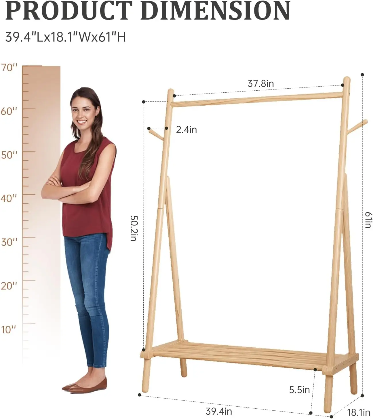 Solid Wood Clothes Rack, Clothing Rack with Shelf and Hook, Sturdy and Portable, Garment Rack for Hanging Clothes,Coats