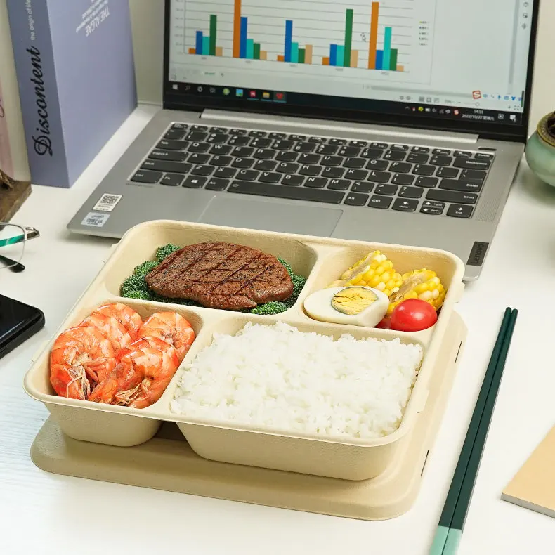 pfas free disposable degradable tableware take away bamboo food box compostable bamboo pulp plate 3 4 5 compartments lunch box