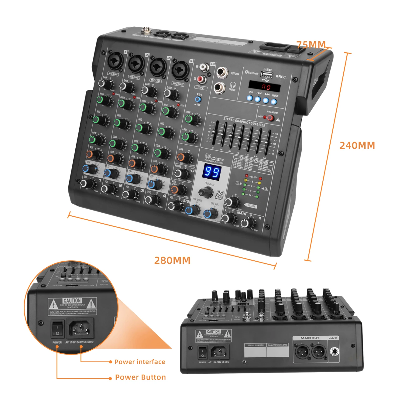 Biner B6 Professional Hot Sale Built in 99 Types of DSP Effect 6 Channels Digital Sound Mixing Console usb audio mixer