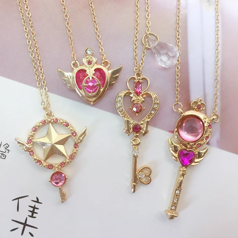 Japanese Girl Sweet Cartoon Pendant Sakura Magic Wand Love Wings Crystal Choker Necklace Cute Key Necklaces for Women