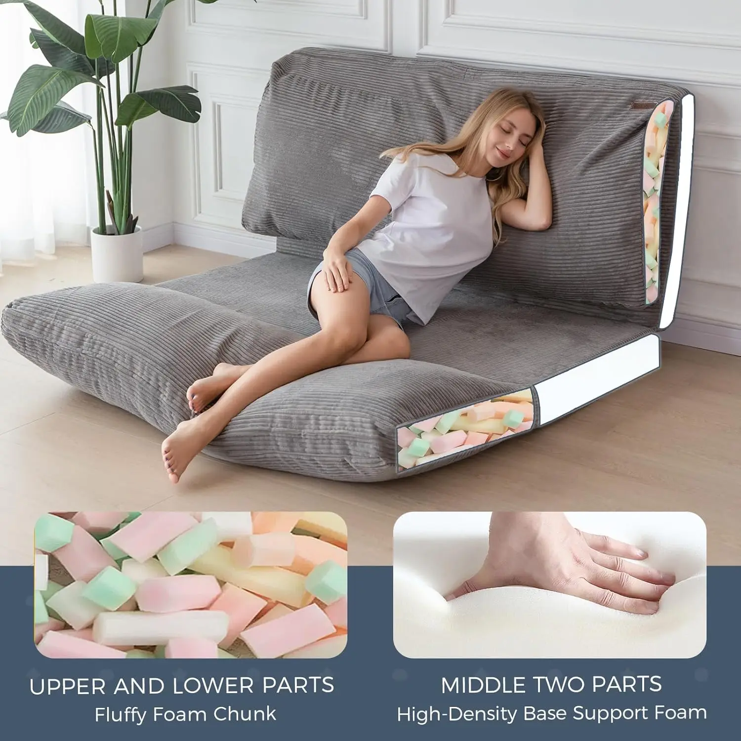 Extra Thick Long Floor Sofa Corded Washable Cover Nature Folding Bean Bag Bed for Adults