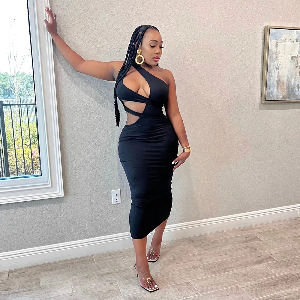 Dropshipping New Arrivals Cut Out Solid Bodycon One Shoulder Women Dresses Summer 2022 Women Clothing
