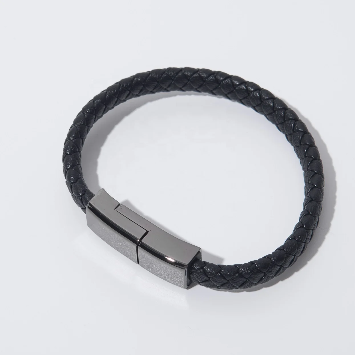 VEROMCA Stainless Steel Brown Black White Leather Rope Data cable Bracelet USB Braided Bracelet