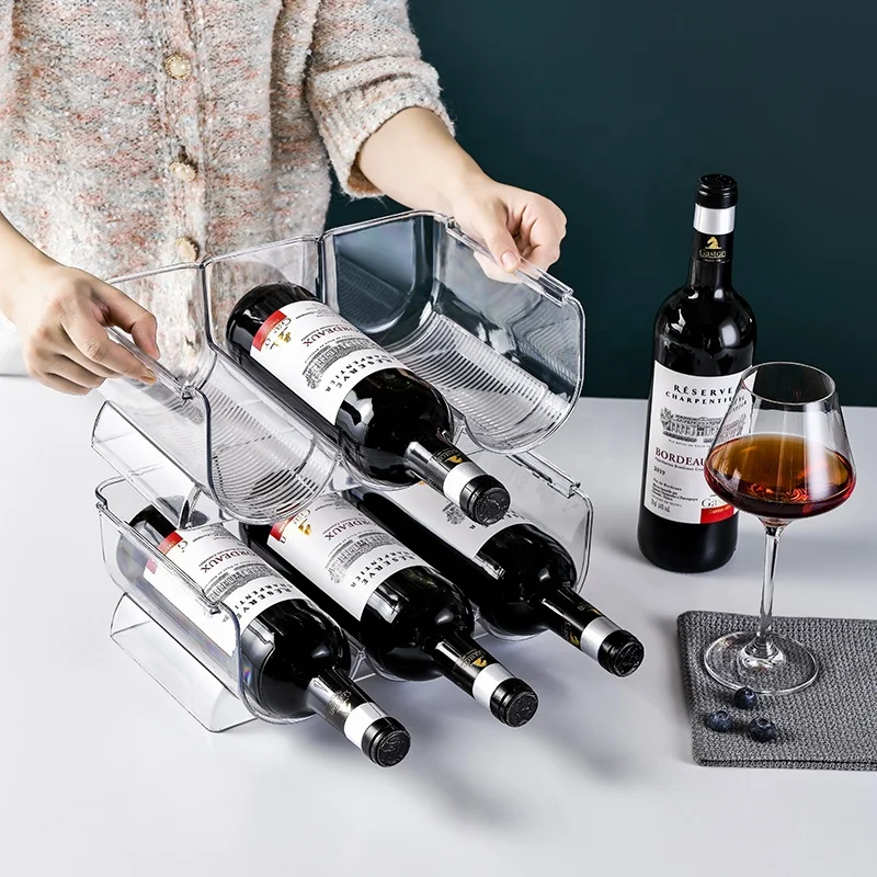 Modern Stackable Clear Plastic Wine Bottle Holder Stand for Kitchen Countertops Pantry Fridge