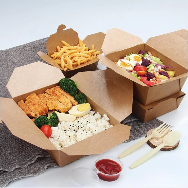 Custom logo food grade kraft paper take away rectangle paper pillow lunch box packaging