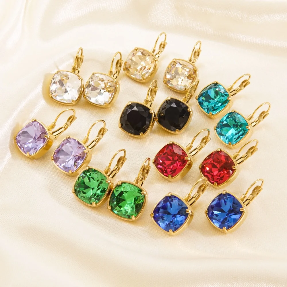 Fashion Gold Stainless Steel Faceted Square Cubic Crystal Drop Earrings For Women Girl Dainty Wedding Party Jewelry Wholesale