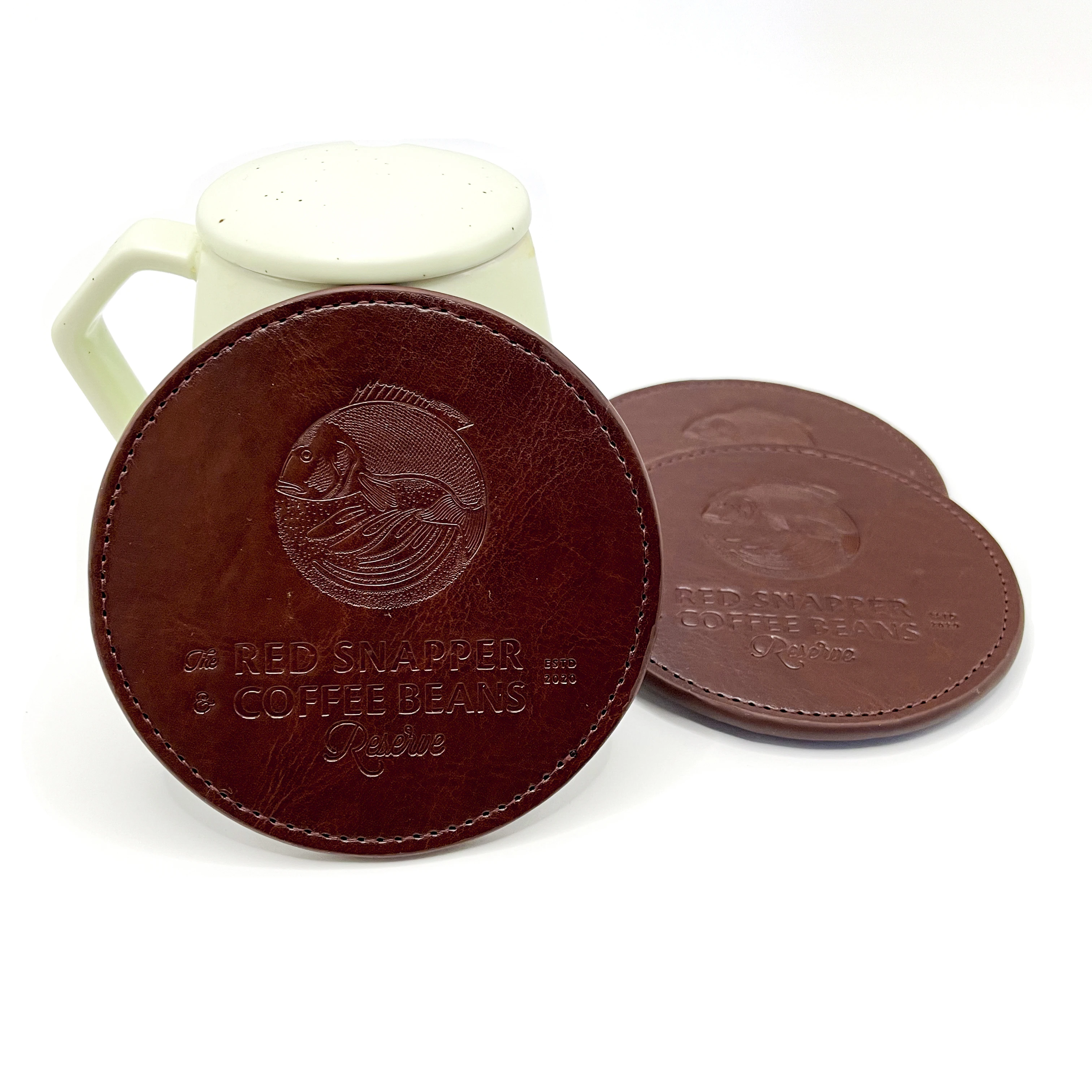 Bulk Heat Resistant Hotel Colorful Coffee Drinks Tea Cup Mat New Design Hot Pressing with Gild Logo PU Leather Coaster Set