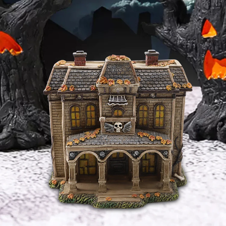 2024 Factory Supplies Wholesale Resin Pumpkin Ghost Skull Halloween Village With Light Resin Haunted House Props Halloween Decor