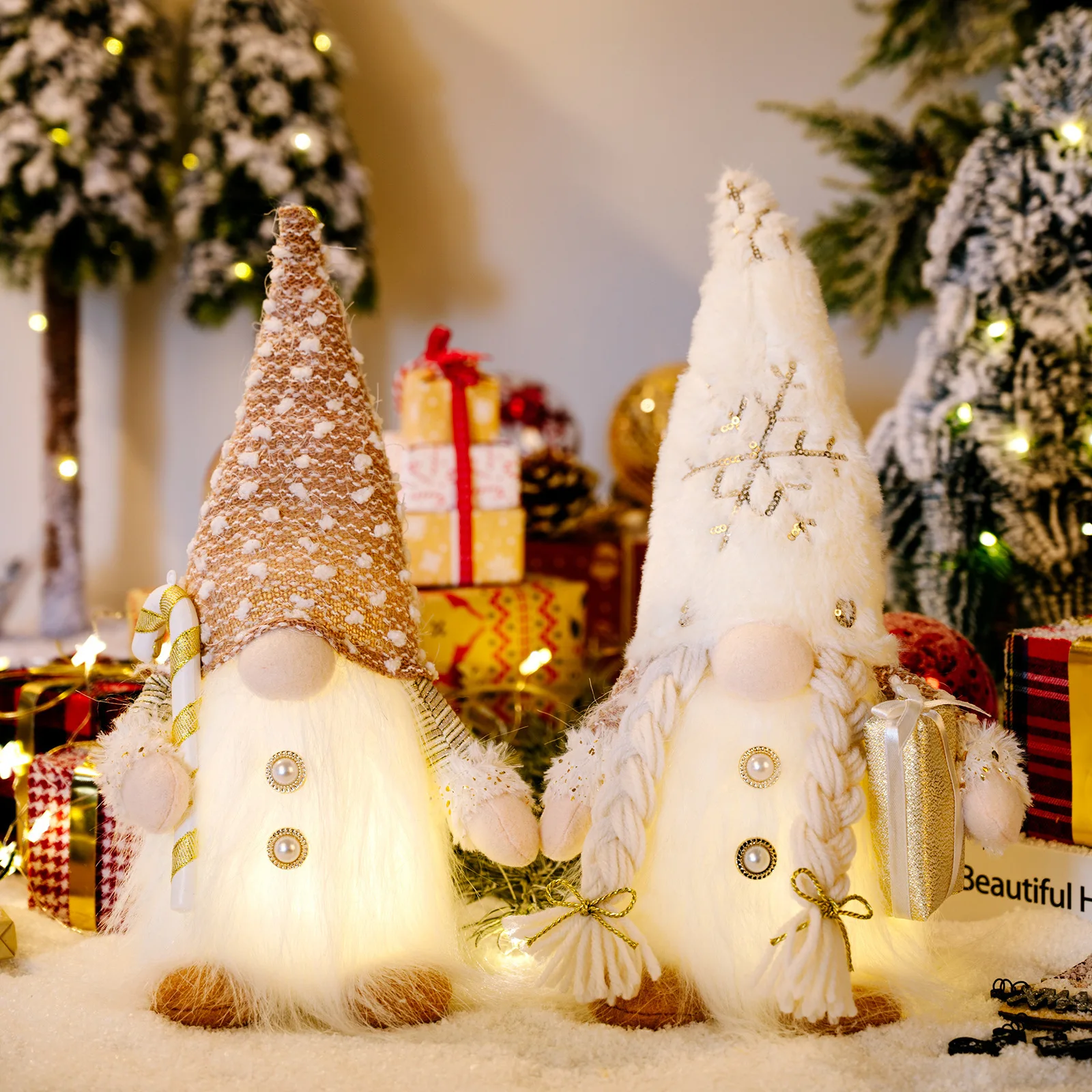 Xmas Ornaments Plush Gnomes Long Beard Plush Hat Gnome Figurines Doll No Face Rudolf Dolls Led Christmas Gnome Ornament