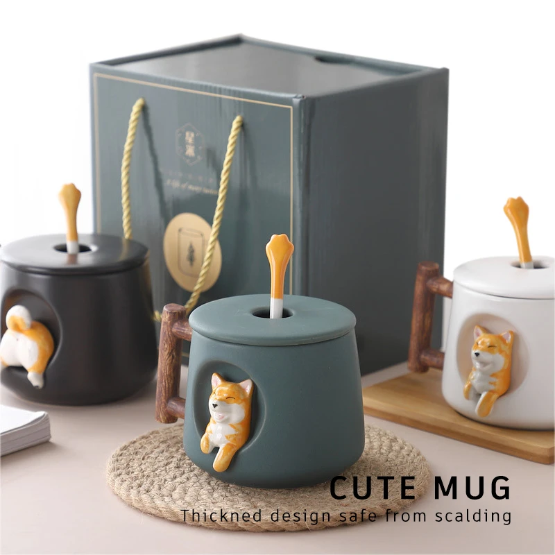 High Quality Custom 420ml Cute Cartoon Office Ceramic Coffee Shiba Inu Mug With Lid And Spoon Gift