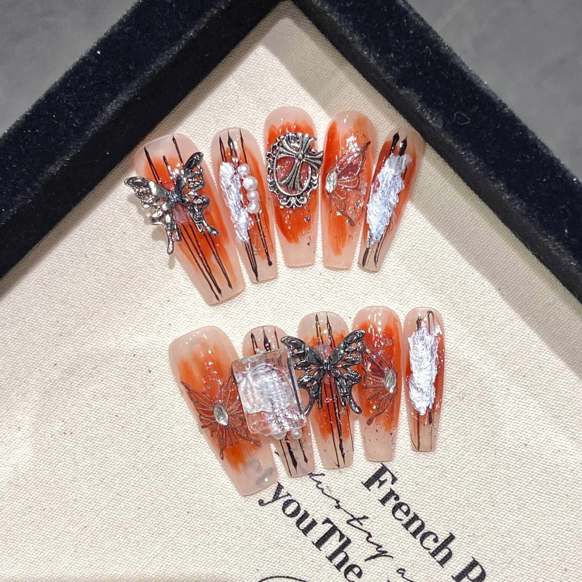 Handmade Manufacturer Ancient poetry butterfly detachable Rhinestone design glue Artificial best press on nails stick-on nails