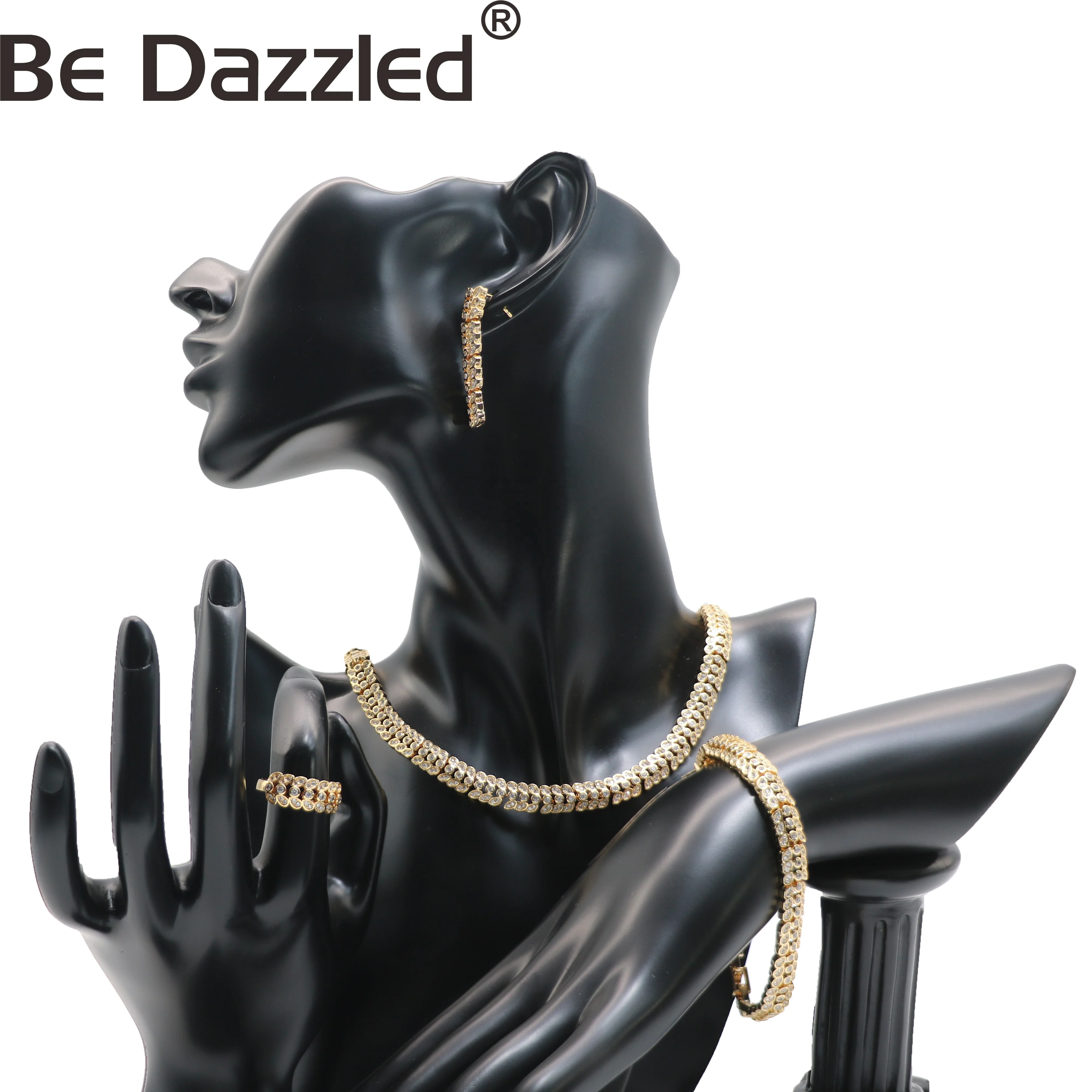 Bedazzled High Quality Dubai AAA Zircon Stone 24k Gold Plated Bridal Wedding Earring Necklace Bracelet Jewelry Sets