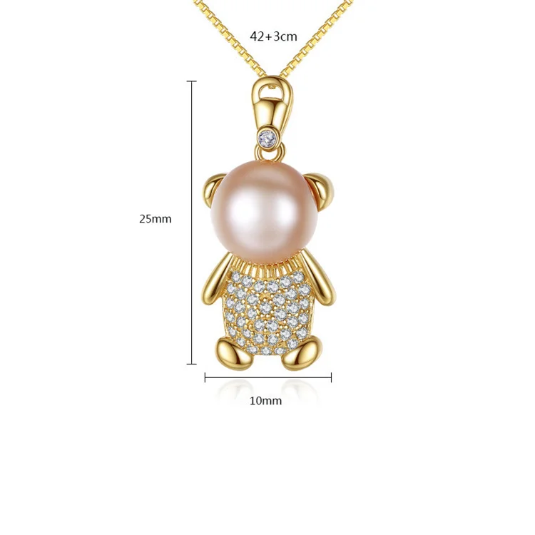 Trendy Charm Cute Bear Shape Pearl Cubic Zircon Pendant 925 Sterling Silver Box Chain Necklace For