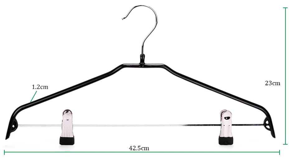 Flat Head Black Metal Shirt Top Hanger with Clips Non Slip PVC Clips Metal Clothes Hanger for Pant