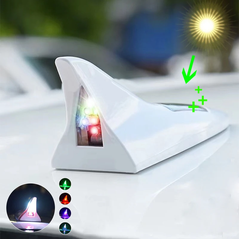 Universal LED Light Car Shark Fin Antenna with Solar Energy Auto Radio Signal Aerials Roof Antennas Driving Safety Warning Light