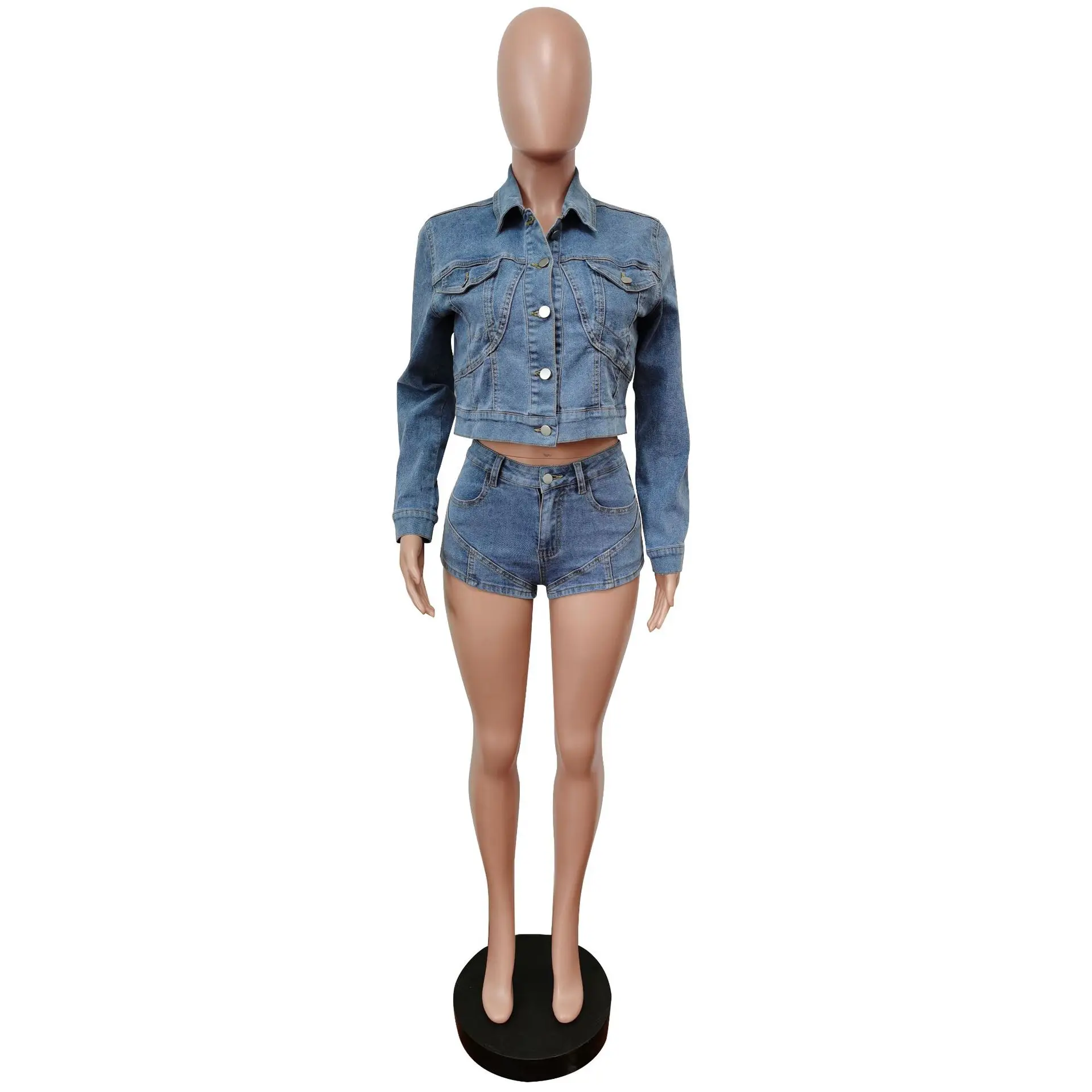 vintage y2k clothing 2022 women ladies denim clothing casual blue long sleeve button cropped denim jean jacket denim shorts set