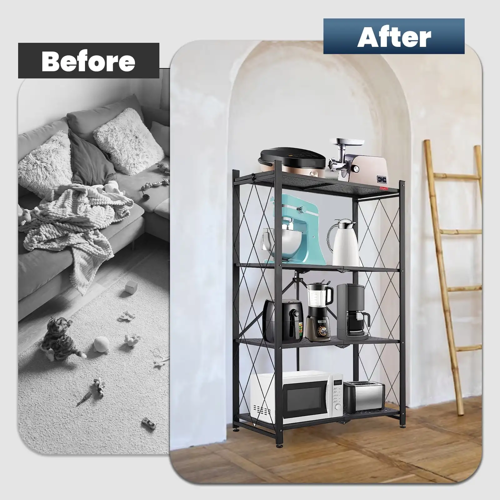 Medium Duty Home Use Easy Assembly Stackable Folding Metal Kitchen Organizer Shelf Mobile Foldable Storage Rack With Wheels