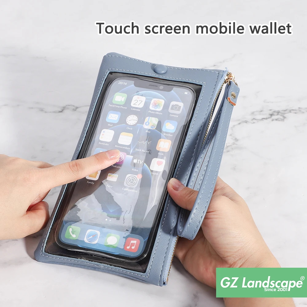 Guangzhou handbag multifunctional transparent mobile small touchable two layers purse stitch phone bag women wrist hand wallet