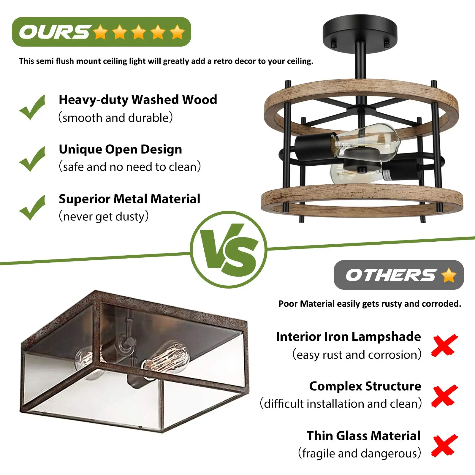 2-light Retro Semi Flush Mount Ceiling Light Fixture Rustic Vintage Wood Ceiling Light Black Metal Industrial Farmhouse Ceiling