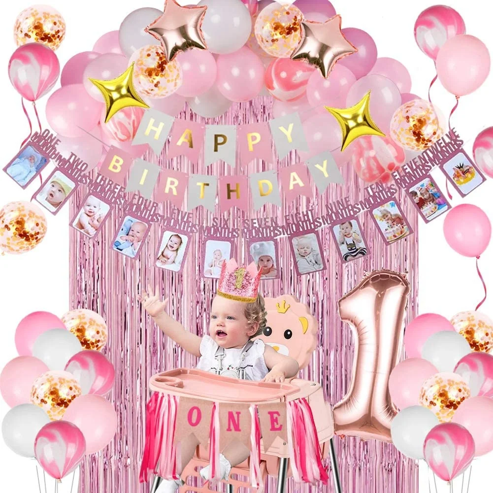Pink Girl 1st Birthday Decorations Girls with 12 Months Photo Banner and 1st Birthday Baby Crown for  birthday party