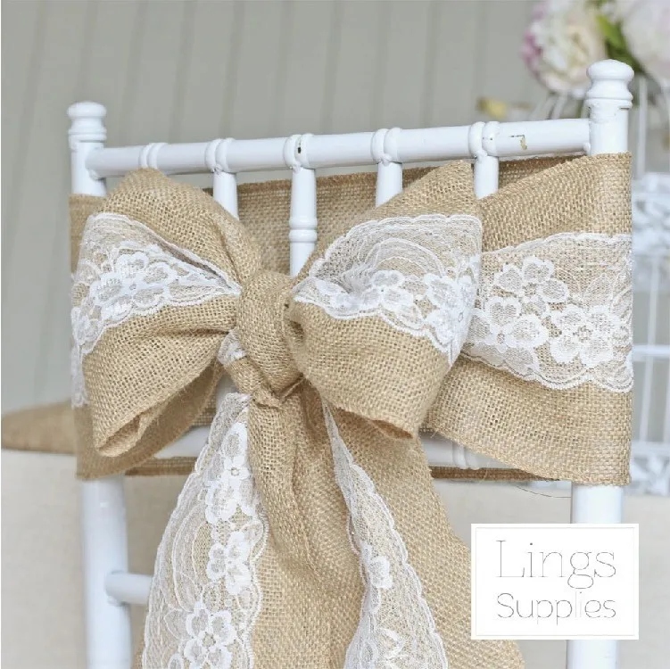 
Wholesale Good Quality Jute Rustic Vintage Hessian Burlap Lace Chair Sashes Bows For Wedding 