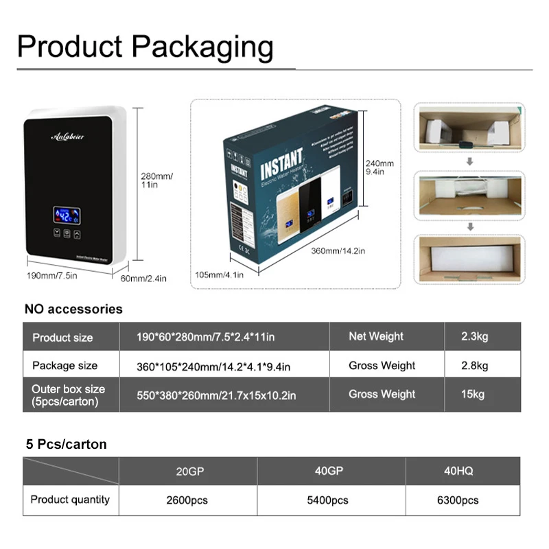 Anlabeier electric shower mini tankless water geyser 5500w with remote and LED screen multi point hot sale water heater