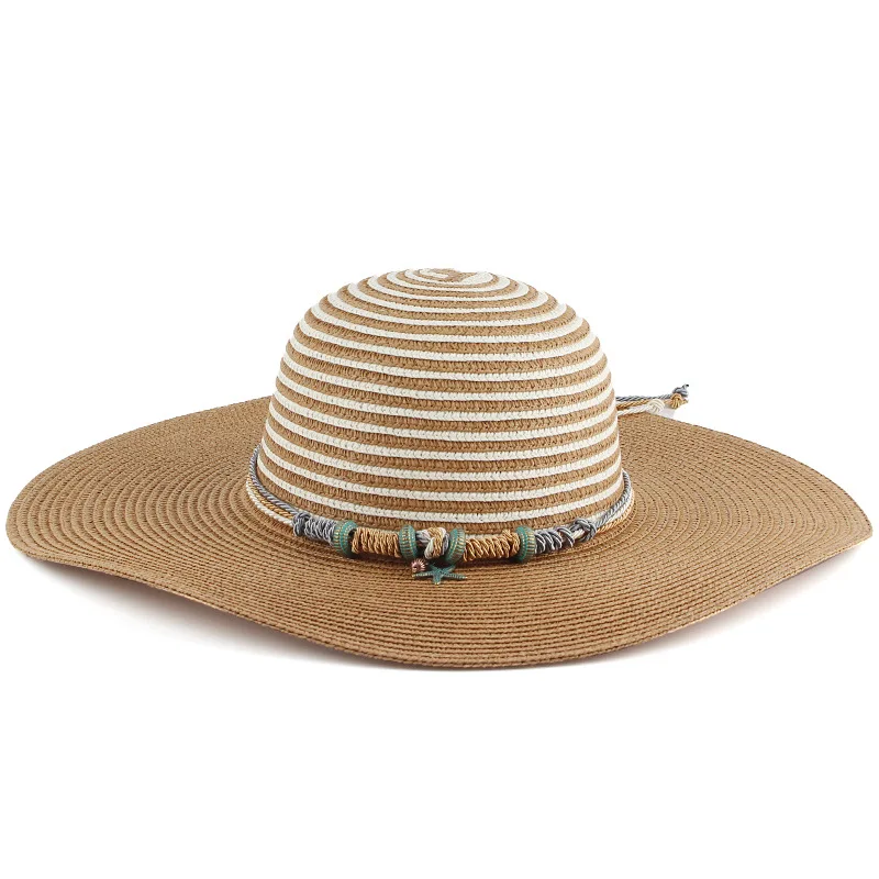 Spring Summer Fashion Boho Striped Floppy Straw Hat Sun Hat with Chain Large Brim for Women Custom Color Design Logo
