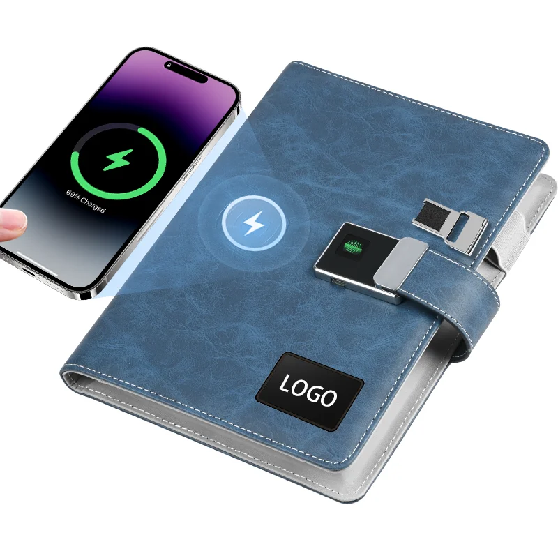 Пользовательский ноутбук из искусственной кожи Power Bank Беспроводная зарядка бумажный сердечник логотип с USB-диском блокировка отпечатков пальцев