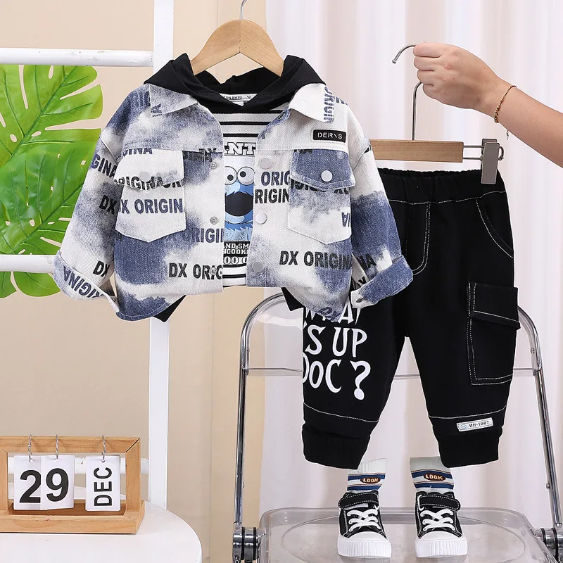 Осенний костюм для мальчиков 1-2-3 лет красивая одежда с рюшами 100% хлопковый комплект из трех предметов капюшоном и принтом в клетку