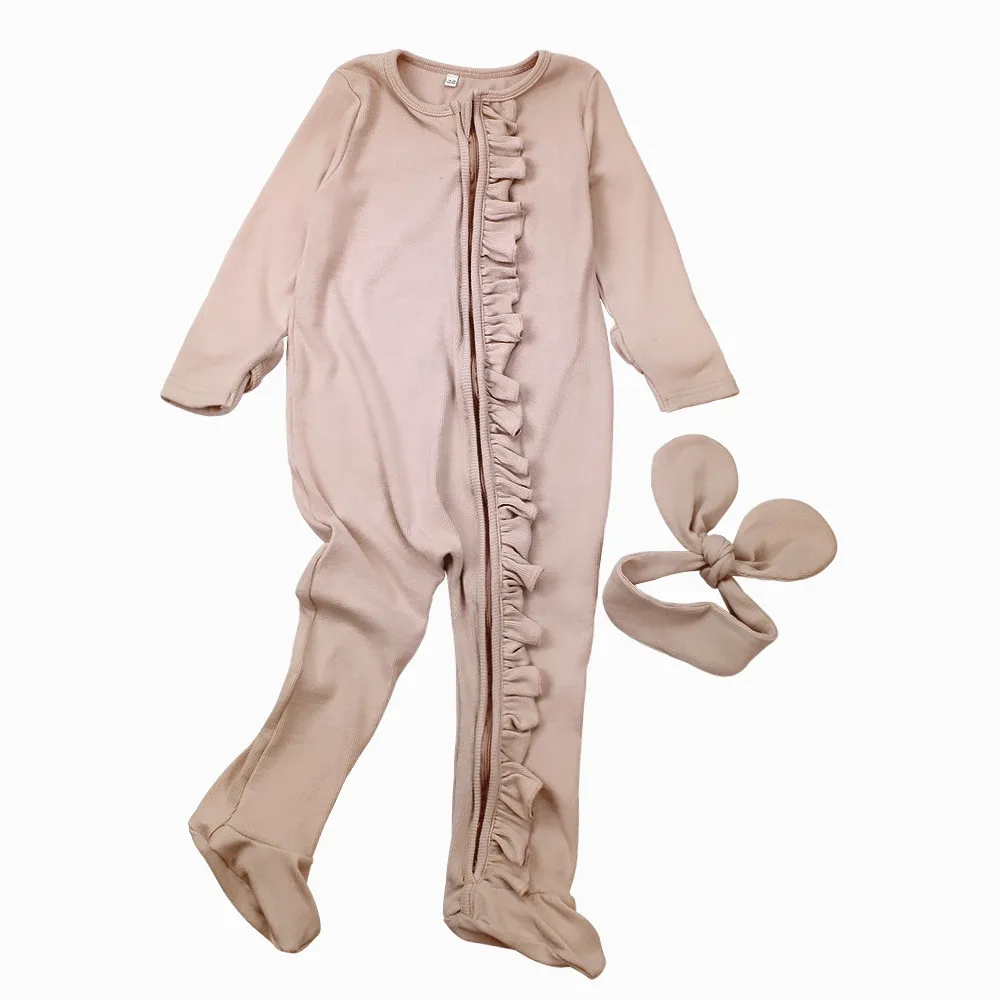Wholesale jumpsuits Long Sleeve pajamas bamboo jumpsuits playsuits bodysuits clothes baby zip romper with headband