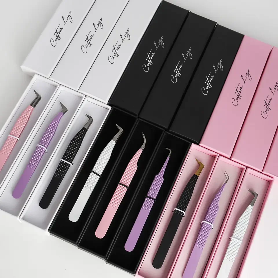 Diamond Grip Lash Tweezers Private Label Pink Stainless Steel Fiber Tip 45 90 Degrees Volume Tweezer For Eyelash Extension