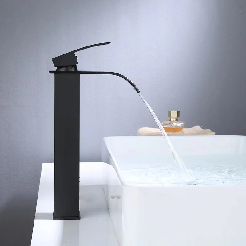 Unique Bathroom Waterfall Stainless Steel  Lavatory Vessel High Bathroom Sink Faucet Deck Mounted Tall Basins Faucet