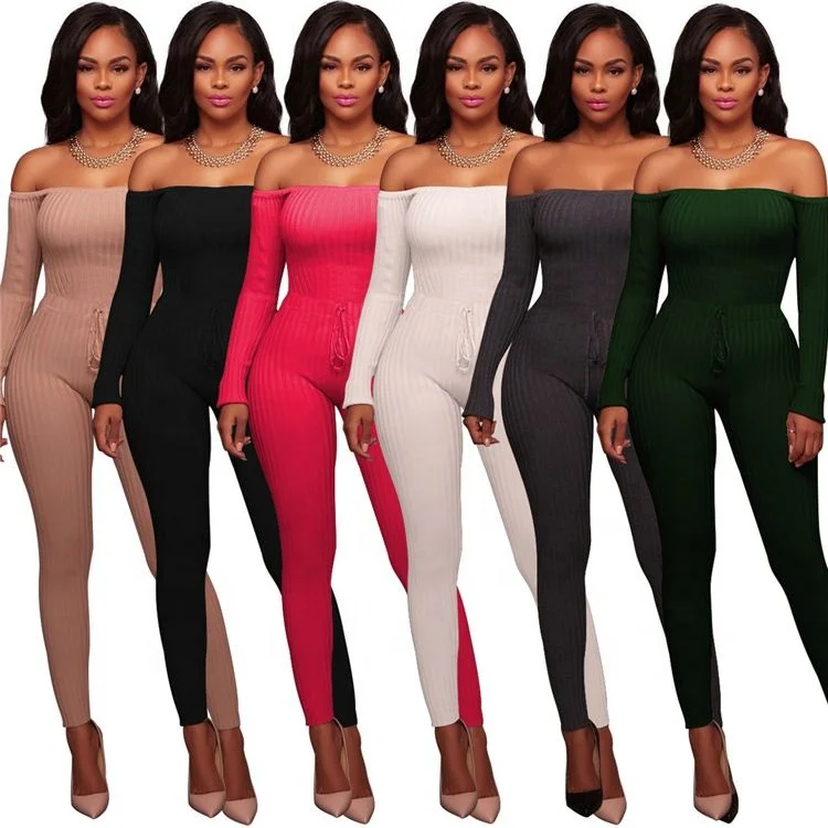 
Z069- ladies ribbed knit off shoulder bodycon one piece long sleeve jumpsuit women rompers 