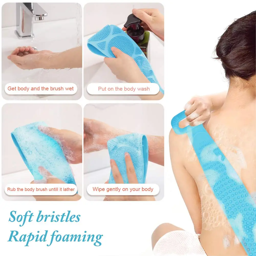 HENSIM 90cm Two sides Handle back washer Silicone body scrubber for Shower