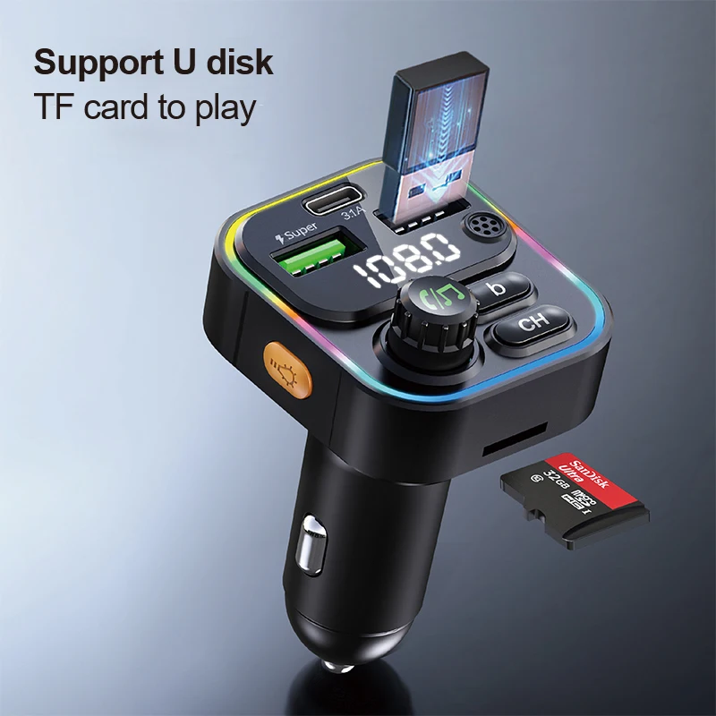 New 22.5W Car Kit FM Transmitter handsfree multifunction wireless  MP3 Player 3 Usb Port Car Charger Type C Charger Adapter