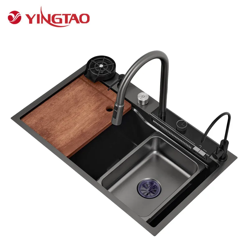 Italian multi function stainless steel waterfall single bowl smart kitchen sink