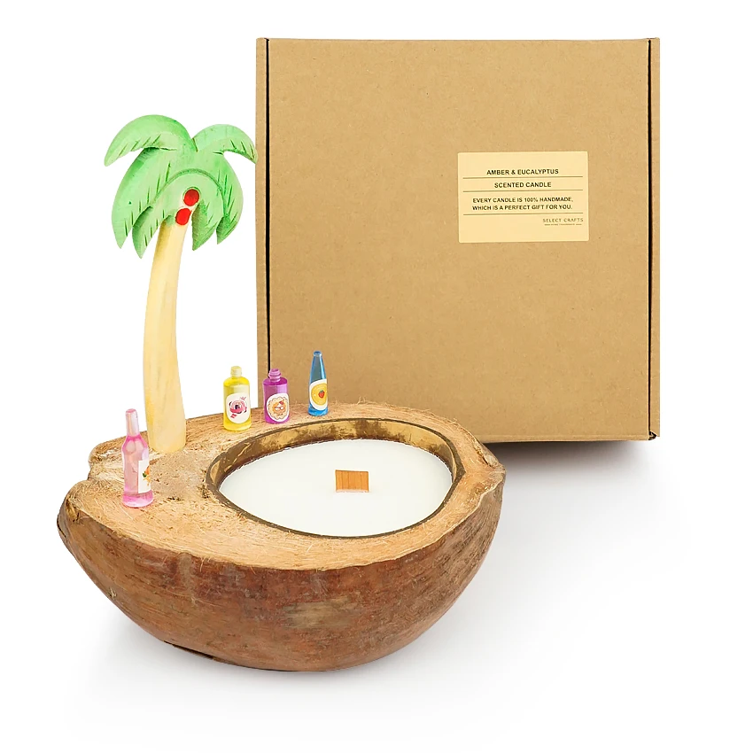 Novelty Design Wholesale Luxury Wood Wick Soy Wax Coconut Shell Bowl Natural Coconut Tree Pen Scented Candles