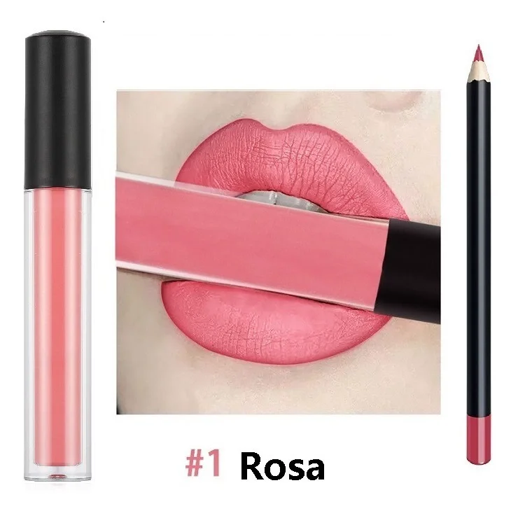 Customization Lip Gloss & Lip Pencil Combination Non-Sticky Cup Lip Glaze 2 in1  Lipliner Set