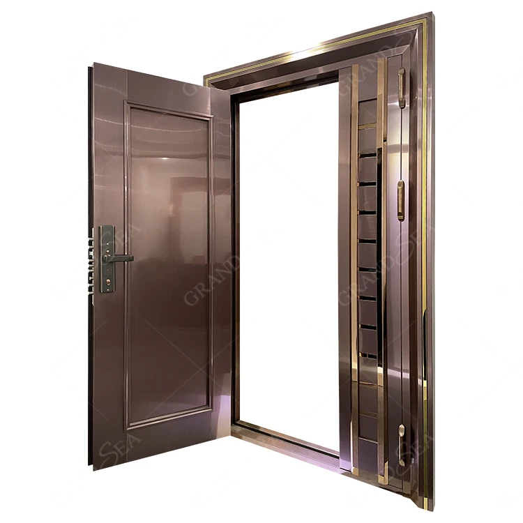 Rose gold soundproof 9 hole security lock tempered glass 36*80 stainless steel door front entrance