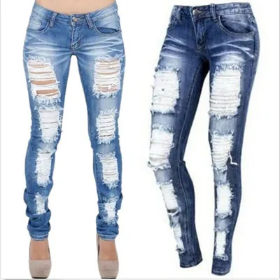 ODE High Quality Cotton Women Trousers Plus Size Pants Ripped Denim Jean Bodycon Jeans For Women