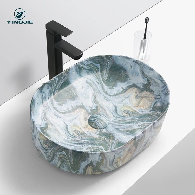 Porcelain Rectangle Shape Water Transfer Printing green watercolor Ceramic Hand Wash Basin