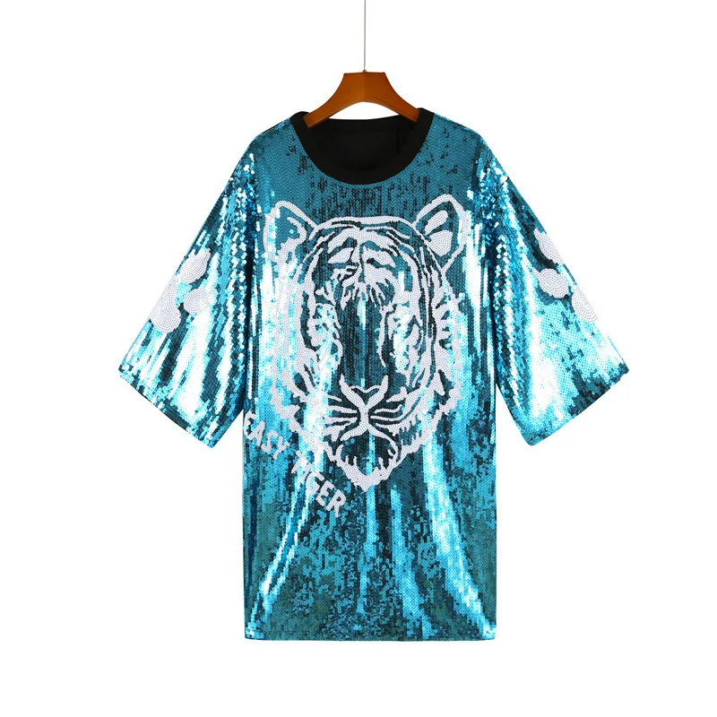 Blue Animal Tiger Sequins Jersey Sequin Dress Wholesale Bling Women Shirts Custom Sequined Dresses Fashion Clothing