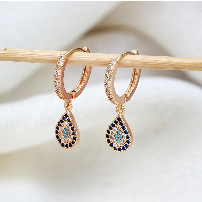 PJ-C570 Vintage Real Gold Plated Brass Drop Earrings Micro Set Zircon Blue Eye Evil Earrings