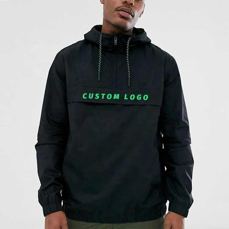 Custom overhead half zip waterproof polyester windbreaker  black streetwear track jacket for men