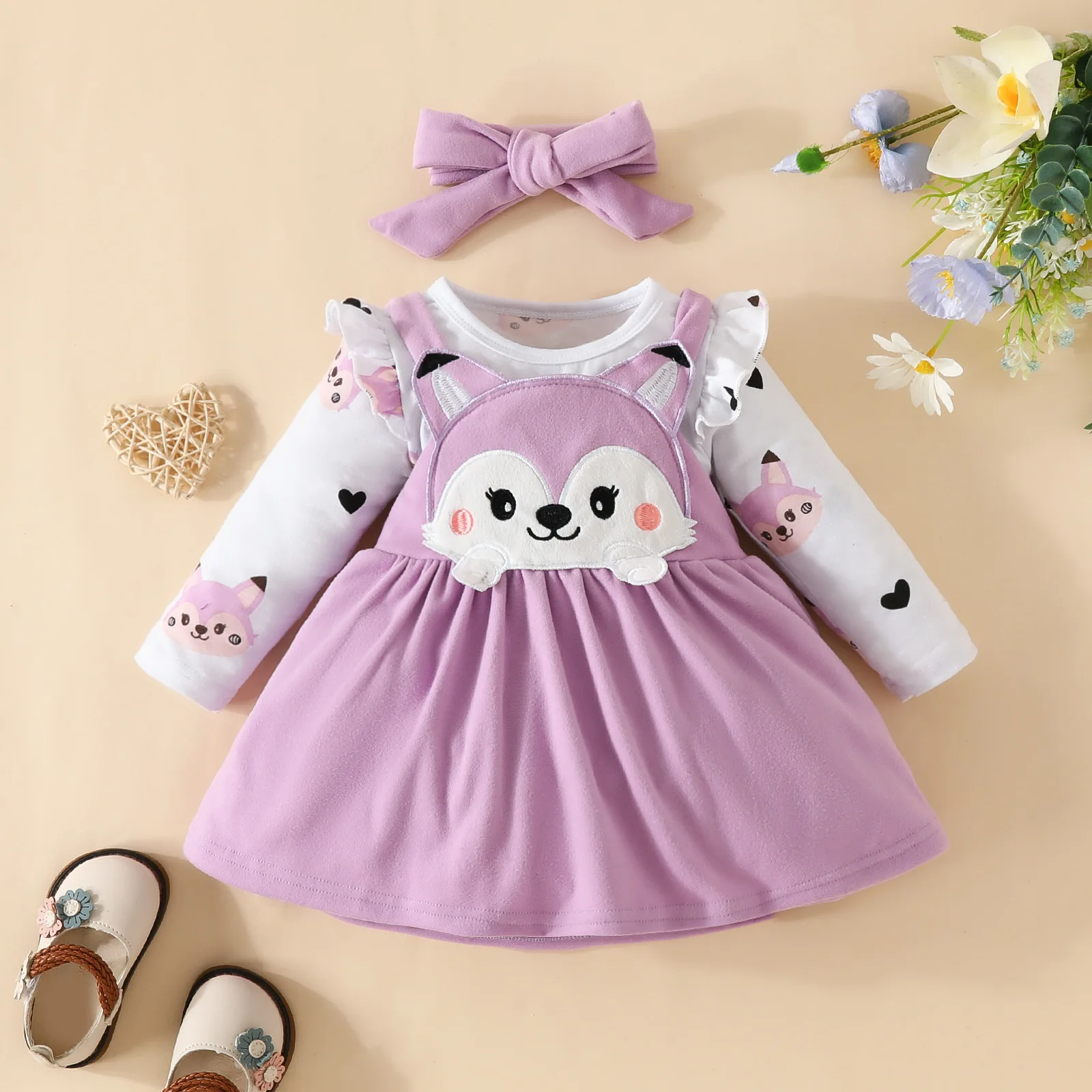 Cartoon Animals Long Sleeve Baby Dress 3PCS Overall Baby Romper and Dress Set