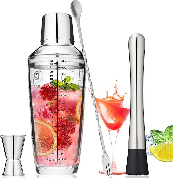 23 oz Glass Cocktail Shaker Set 4 PCS Bartender Kit Martini Mixer Shaker with Built-in Strainer  Bar Tool Set