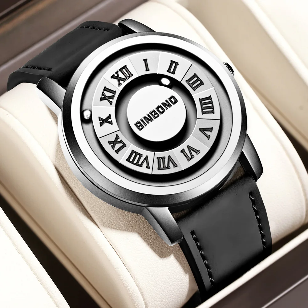 BINBOND B234 New Concept Personalized Creativity Quartz Watches Magnetic Suspension Waterproof Leather Band Wristwatch